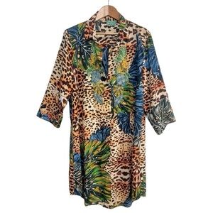 ANTICA SARTORIA Jungle Print Dress Button Front Resort Vacation Beaded Size S